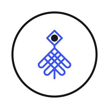 A stylized glyph presents a modern geometric design with a striking blue pattern contrasted by a solid black dot. This unique emblem is encircled within a black border, conveying a sense of