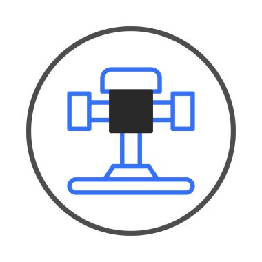 A stylized graphic icon featuring a geometric apparatus rendered in structured lines with a central block shape. This modern design suggests scientific precision, technical exploration, and a