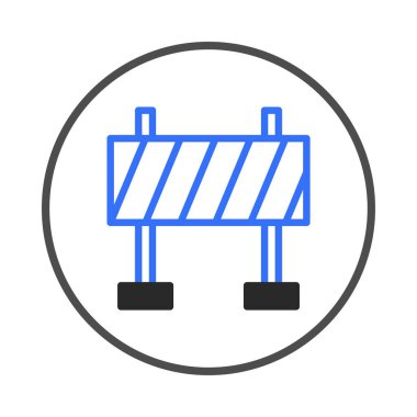 A simple, flat illustration showcases a blue road barrier caution sign, highlighting road work ahead. Framed within a clean circle, this icon offers versatile use for traffic management,
