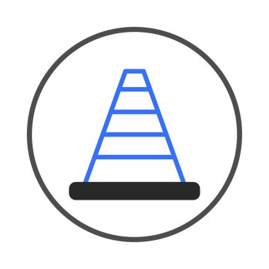 A minimalist rendering of a blue conical construction or safety warning device on a black platform is presented within a circular frame, symbolizing structure, warning, caution and modern design