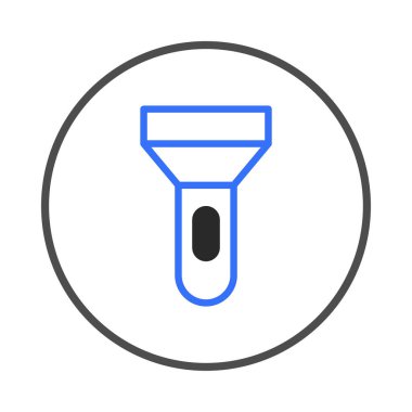 This is a representation of a simplistic blue flashlight icon inside a circle. Ideal for representing technology, electrical devices, illumination, or emergency tools. A modern graphic to symbolize