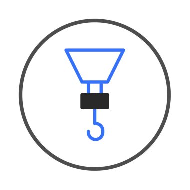 A simple icon illustration shows a weighing scale lifting mechanism. The hook and upper part are colored blue and attached to a black rectangle. The graphic is placed inside a gray circle and