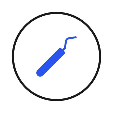 Minimalist bir illüstrasyon, siyah dairesel çerçevenin merkezindeki mavi bir diş aletini sunar. Görüntü, dişçi bakımını, sağlık hizmetlerini ya da çeşitli tıbbi prosedürleri incelikle iletir.