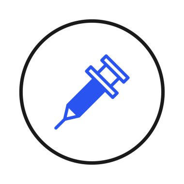 Siyahla çevrili beyaz bir çemberin içindeki minimalist mavi enjeksiyon şırıngası tıbbi tedaviyi temsil eder. Aşılamayı, hastalığın önlenmesini ve genel sağlık hizmetlerini temsil eder.