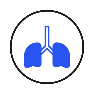 Beyaz bir arka planda, siyah kenarlı bir çemberin içinde merkezli mavi akciğer siluetlerinin yer aldığı minimalist bir grafik, solunum sağlığı, tıbbi çalışmalar ve genel olarak sağlığa odaklanmayı işaret eder.,