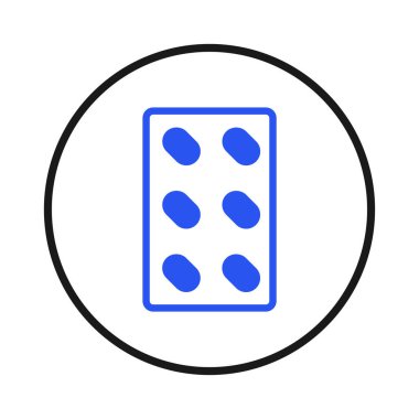 Çemberin içinde mavi bir hap paketi tasvir eden temiz ve minimalist bir ikon. Doğrudan tasarım, tıbbi tedavi, ilaç ürünleri ve erişilebilirlik temalarını iletir.