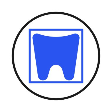 A clean and modern graphic depicting a stylized tooth enclosed within a square shape and a circle, representing dental care, hygiene, and oral health. A simple yet effective visual, this