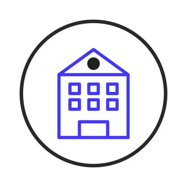 A minimalist icon shows a blue house outline with square windows and a triangle roof within a black circle. This simple design represents building architecture, providing a clear and effective