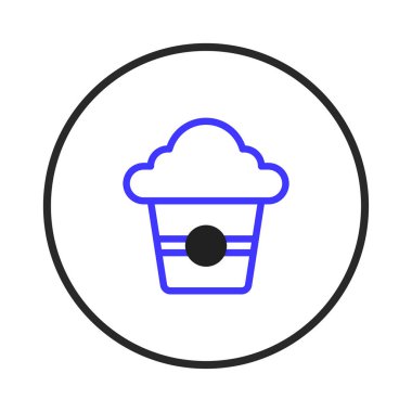 A minimalistic illustration of a cupcake, stylized with blue outlines and a central black circle, encased within a black circular frame against a white background. This icon-style image is simple