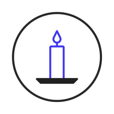 A clean, simple illustration features a blue outlined candle with a stylized flame, set on a black candle holder. Presented within a circular border, the image conveys themes of peace, remembrance,