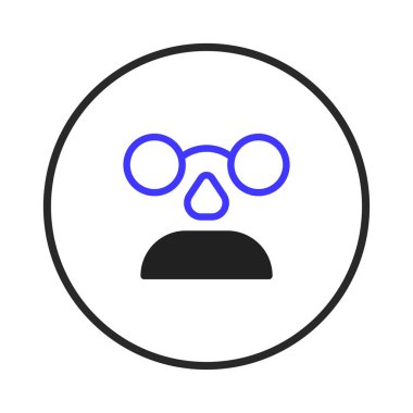 A minimalist icon showing a stylized face with bold geometric features and distinctive eyeglasses, suggesting a character with a formal and intellectual presence. The design emphasizes simplicity