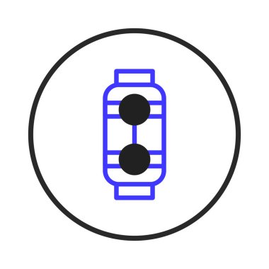 A minimalist and abstract design featuring a stylized digital device inside a circular frame offers a modern and clean aesthetic. The blue outline and black circles against a white background create