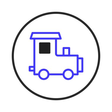 A simple blue train icon illustration presented in a clean circular design, perfect for childrens books, transportation themes, and playful designs. The art provides a light-hearted depiction of a