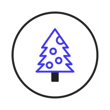 An illustration of a decorated Christmas tree, contained within a circular border on a white background, conveys the essence of winter holidays. This modern design features a simplified evergreen,