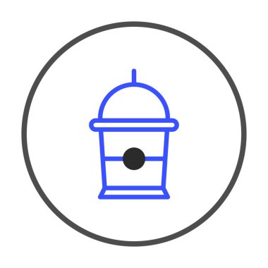 Bir minimalist illüstrasyon gri bir çember içinde bulunan mavi bir kahve fincanı tasvir eder. Basit tasarım tarzı, kahve içeceği kavramının özüne odaklanır. Modern için mükemmel.