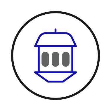 Çemberin içinde bir minimalist kuş besleyici ikonu, beyaz arka plana mavi ve gri renkle çizilmiş. Doğa, vahşi yaşam veya yaşam ile ilgili uygulamalarda veya web sitelerinde tasarım unsuru olarak kullanılabilir