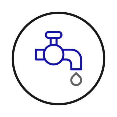 Suyun korunumu ve tesisat temalarını temsil eden dairesel çerçevede bir musluk simgesinin temiz ve minimal grafik tasarımı. Basit taslak ve mavi renk paleti bir duygu iletir