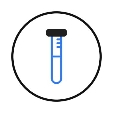 Şekillendirilmiş bir vektör illüstrasyonu koyu siyah bir daire içinde kapsüllenmiş mavi sıvıyla dolu bir test tüpü sunar. Tasarım, bilimsel laboratuvar çalışmaları, araştırma ve sağlık hizmetleriyle ilgilidir.