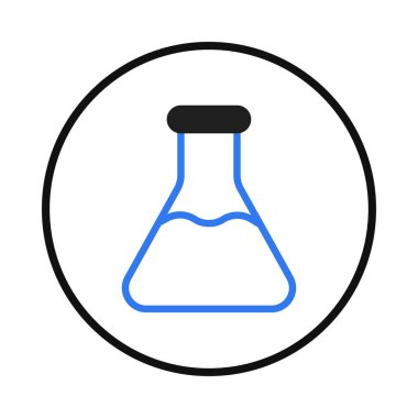 Mavi sıvı içeren bir kimya şişesini temsil eden minimalist bir ikon. Bu grafik bilimsel araştırmaları, laboratuvar çalışmalarını ya da kimyasal analizleri sembolize etmek için kullanılabilir. Eğitim için ideal