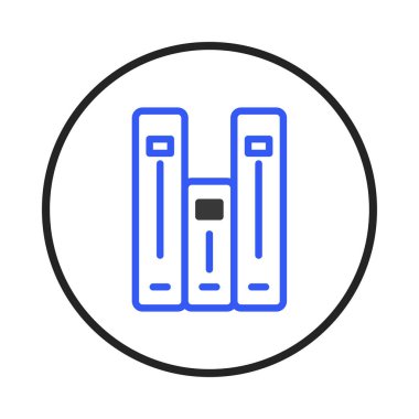Bir minimalist ikon, bir daire içine gizlenmiş düzgün bir kitap yığınını sergiliyor, temiz bir sanat tarzında, dijital bir kaynaktaki eğitim, bilgi veya kütüphane kaynaklarını sembolize etmek için ideal hale getiriliyor.