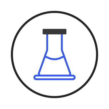 Görüntü, beyaz bir arkaplan üzerinde dairesel bir amblem ile çevrelenmiş mavi sıvılı bir mataranın yer aldığı minimalist bir bilimsel deneyi gösteriyor. Araştırmayı, kimyayı ve