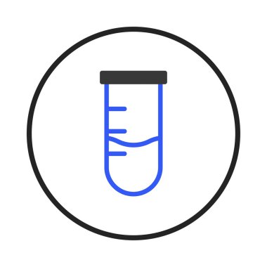 Görüntü dairenin içinde sıvı bulunan mavi bir test tüpünü gösteriyor. Laboratuvar deneylerini, bilimsel araştırmaları ve tıbbi tanı analizlerini temsil ediyor. Bu resim web siteleri ve pazarlama için kullanılabilir