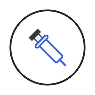 İçinde mavi şırınga, iğne ve aşı bulunan minimalist bir ikon. Görüntü sağlık, tıbbi tedavi, bilimsel araştırma ve hastalıkların önlenmesini temsil ediyor. Tasarımlarda kullanılabilir.