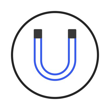 Temiz ve basit bir vektör resmi dairesel bir çerçeve içinde tasvir edilmiş stilize edilmiş bir at nalı mıknatısıdır. Minimalist tasarım, manyetik çekim kavramını vurgular.