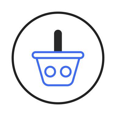 Çemberin içinde bir alışveriş sepetini temsil eden basit bir minimalist simge. Sepetin sapı ve içinde iki çember var. Bu da bir konteynır ya da nesneleri odaklanan bir tasarıma koyacak bir yer olduğunu gösteriyor.