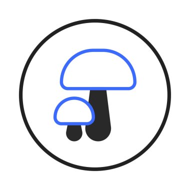 Tarzlı bir illüstrasyon dairesel çerçevede iki mantar sunar. Temiz, minimal tasarım hoş bir renk paleti ve sadeleştirilmiş formlar içerir.