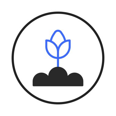 Topraktan çıkan bir filizin basit ama çarpıcı bir görüntüsü, bir dairenin içinde kapsüllenmiş. Çelişkili renklerin kullanımı bitkinin canlılığını ve büyüme vaadini vurguluyor.