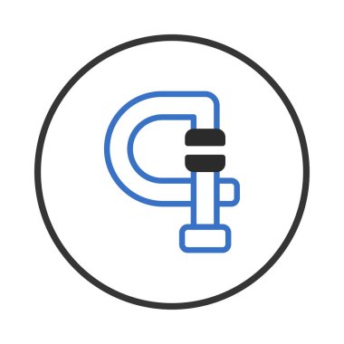 Bu illüstrasyon, bir çember içinde, işlevini endüstriyel ortamlarda ve inşaatlarda vurgulayan bir kıskaç aracını gösteriyor. Tasarım klempin güvenlik, tutunma ve bağlanmadaki rolünü vurgular