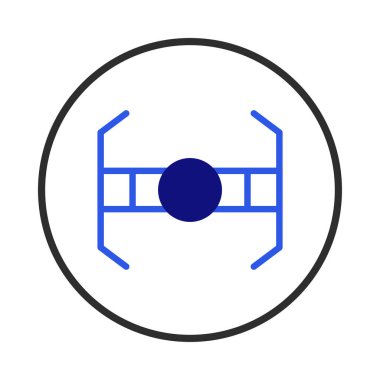 Bir geometrik bileşim, simetrik yapılandırılmış mavi elementle çevrili merkezi bir daire içerir. Grafik dengeyi sağlar, birbirine bağlı olma, basitlik ve modern hissi uyandırır.