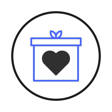 This image is a simple gift box icon with heart symbol and ribbon, ideal for expressing love or celebrating special occasions. The blue outlines and leaves add a delicate touch, making it great for