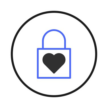 A minimalist illustration featuring a heart-shaped padlock inside a circular frame, symbolizing security, privacy and love. The clean design and bold outline make it an excellent icon for digital or
