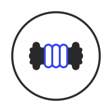 This digital illustration features a stylized bobbin, rendered in black and blue outlines against a clean white backdrop. Encased within a circular frame, the isolated graphic element serves as a