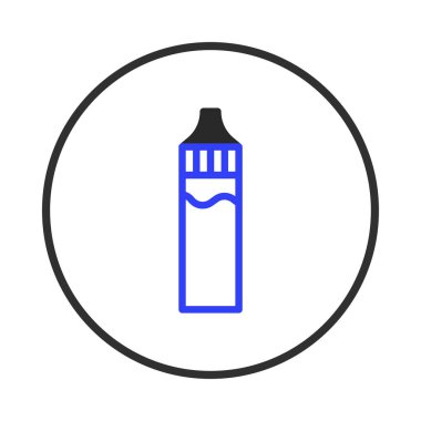 A minimalist illustration presents a vape device, enclosed within a clean circular border, highlighting its sleek design. The blue accents define its form, emphasizing the integration of modern