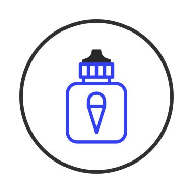 Minimalist bir vektör illüstrasyonu, etiketinde belirgin mavi bir taslak ve küçük bir dondurma sembolü bulunan kare şeklinde bir tüp suyu ikonu tasvir eder. Temiz beyaz bir çemberin içine gizlenmiş.,
