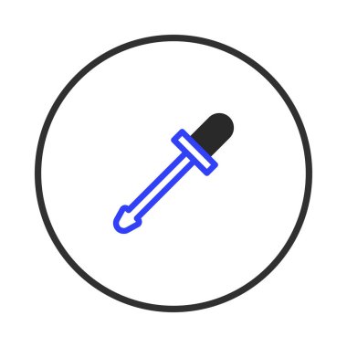 A stylized icon of an eyedropper tool, rendered with a contemporary flat design aesthetic. The vector graphic showcases a blue outline and a black bulb, perfect for conveying color selection or