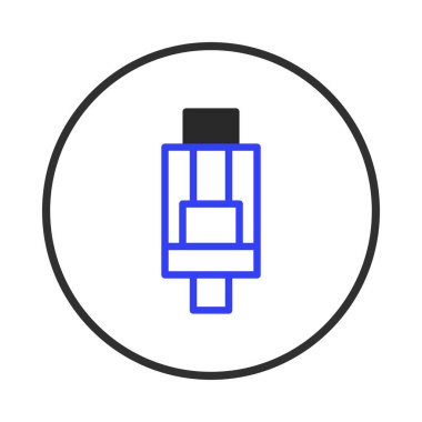 A stylized representation of a vaporizer cartridge is depicted using bold geometrical lines, contrasting blue and black colors to create a visually striking image. The graphic is set against a clean