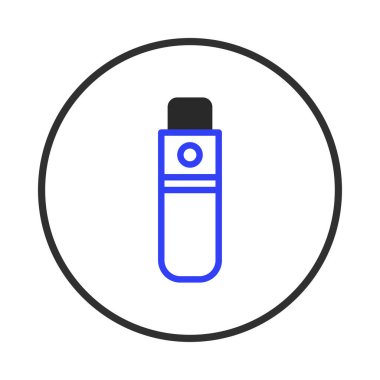 Minimalist bir illüstrasyonda, modern buhar eğilimlerini, geleneksel sigara içmenin sağlıklı alternatiflerini veya geleneksel sigara içmeyi göstermek için ideal dairesel çerçevede mavi ve siyah bir sigara sergileniyor.