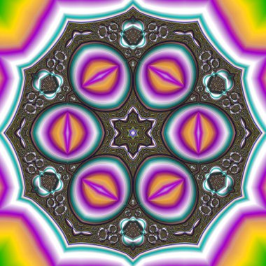 Kusursuz, parlak bir altyapısı var. Renkli etnik yuvarlak süslemeli mandala. Moda deseni.