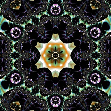 Kusursuz, parlak bir altyapısı var. Renkli etnik yuvarlak süslemeli mandala. Moda deseni.