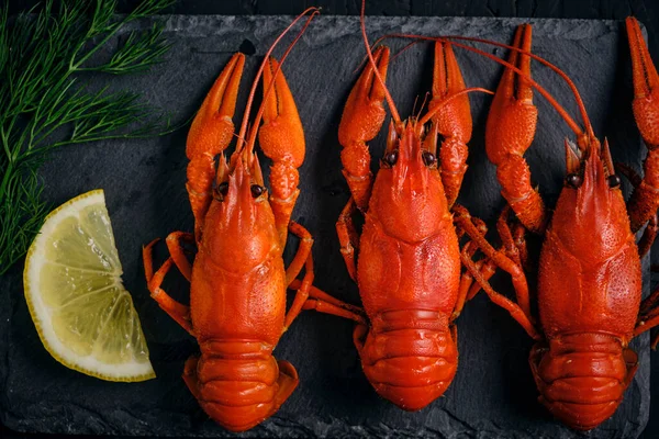 Crayfish Rio Fervido Com Limão Endro Ardósia — Fotografia de Stock