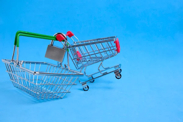 购物篮和购物车与挂锁 商业概念 预算削减和极简主义购物交织在一起 — 图库照片