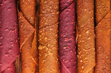 Background, fruit and berry pastille, dessert with nuts and seeds
