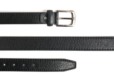 Parts black leather belt on white background, isolate