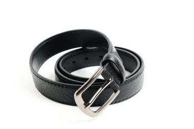 Black leather men belt with metal plaque white background, isolate