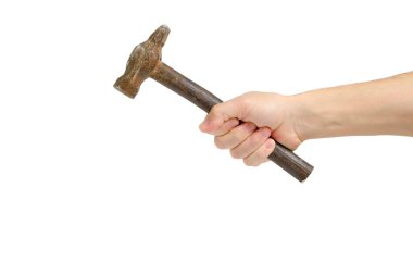 Metal hammer in hand white background, concept for Labor Day first of May