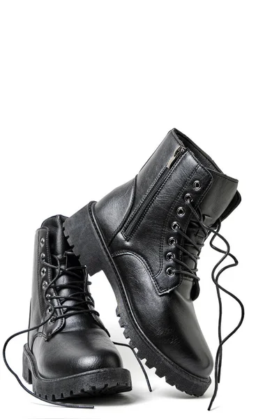 Combineer Zwarte Leren Laarzen Met Veters Witte Achtergrond — Stockfoto